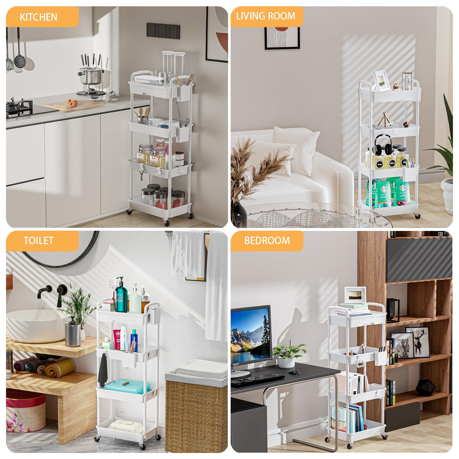4 Tier Rolling Utility Cart with Drawer Multifunctional Storage Organizer