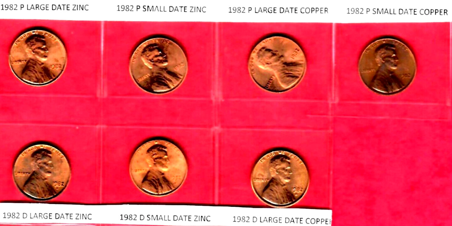 1982 P&D LINCOLN CENT 7 COIN SET - COPPER/ZINC - LARGE & SMALL DATES  (BU)