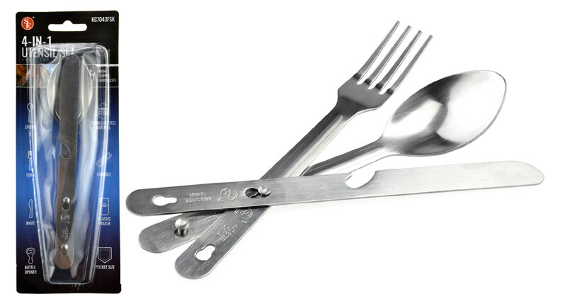 4-IN-1 Stainless Steel Utensil Set (Spoon, Fork, Knife & Bottle Opener)