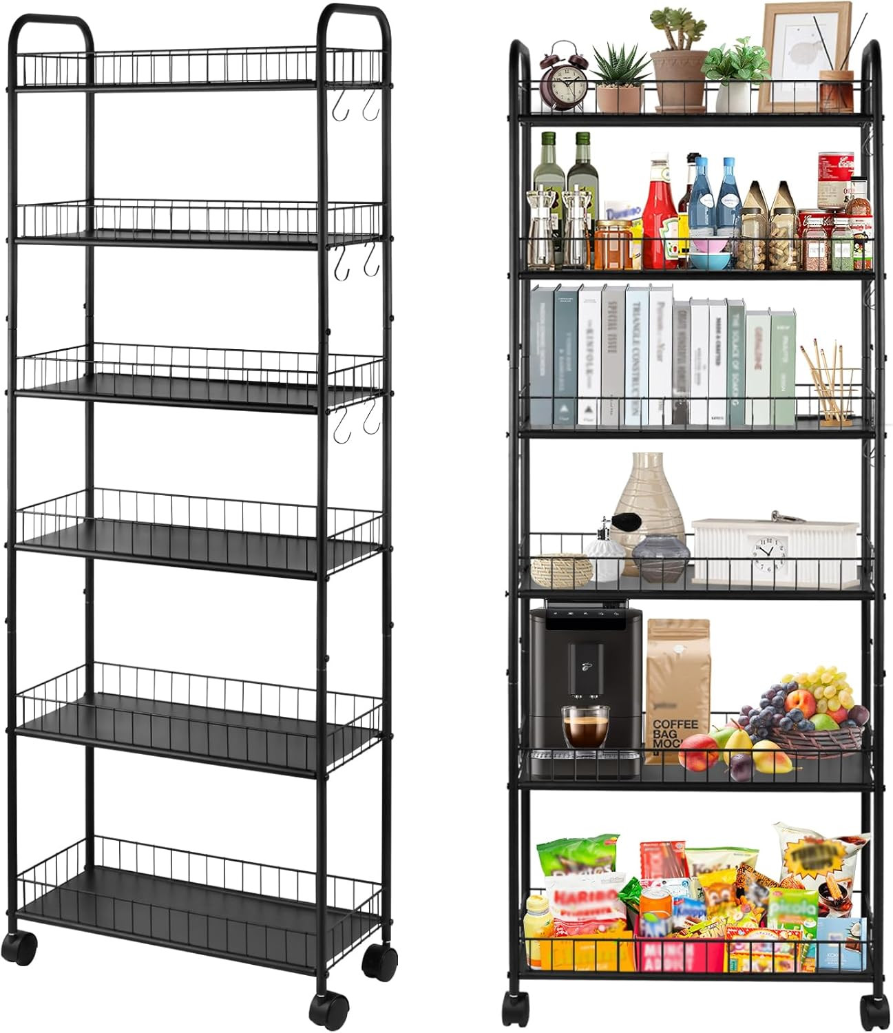 Slim Rolling Storage Cart with Wheels, Metal 6 Tier Mobile Shelving Unit Organiz