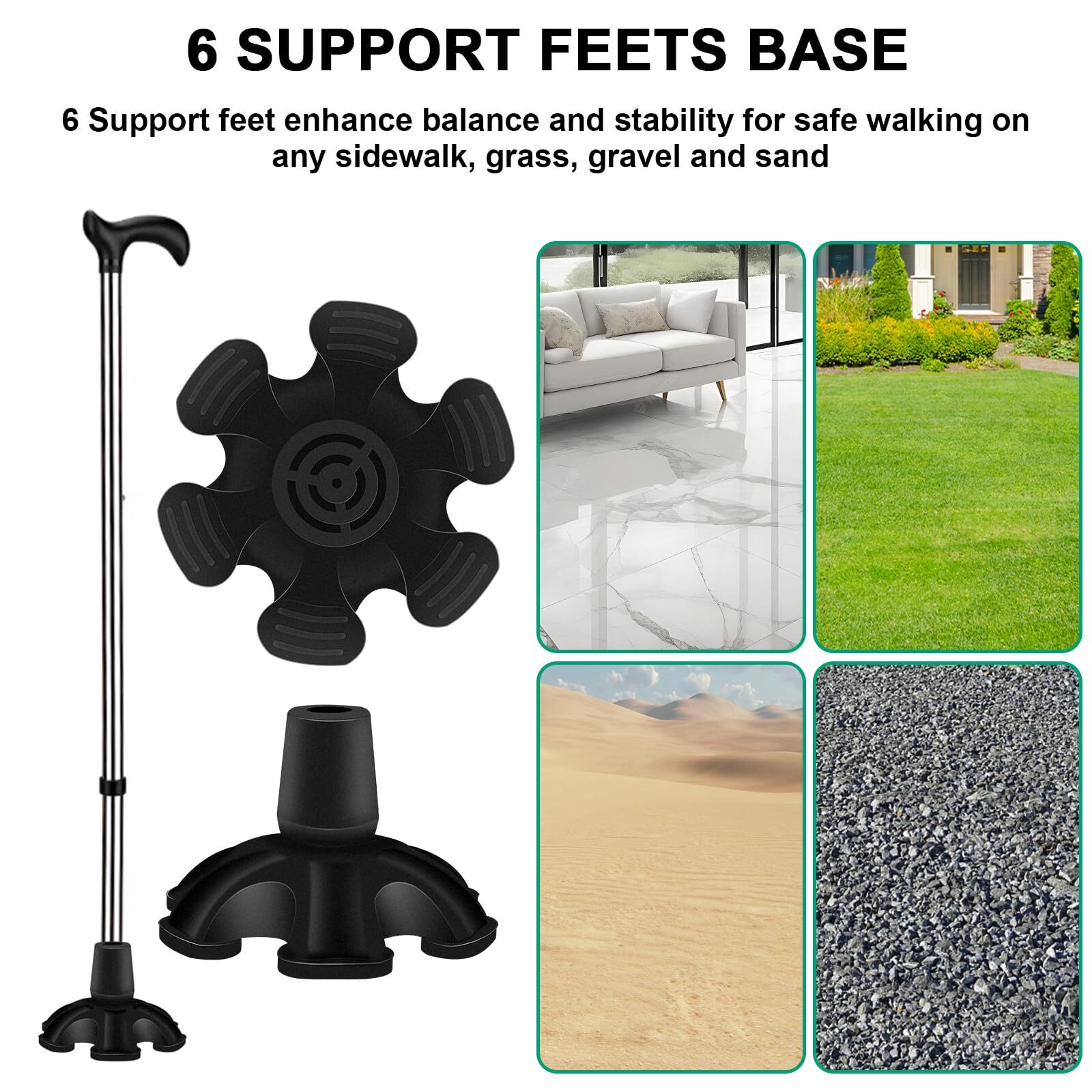 Heavy Duty Rubber Cane Tip 6 Support Feet 3/4 inch Self Standing Walking