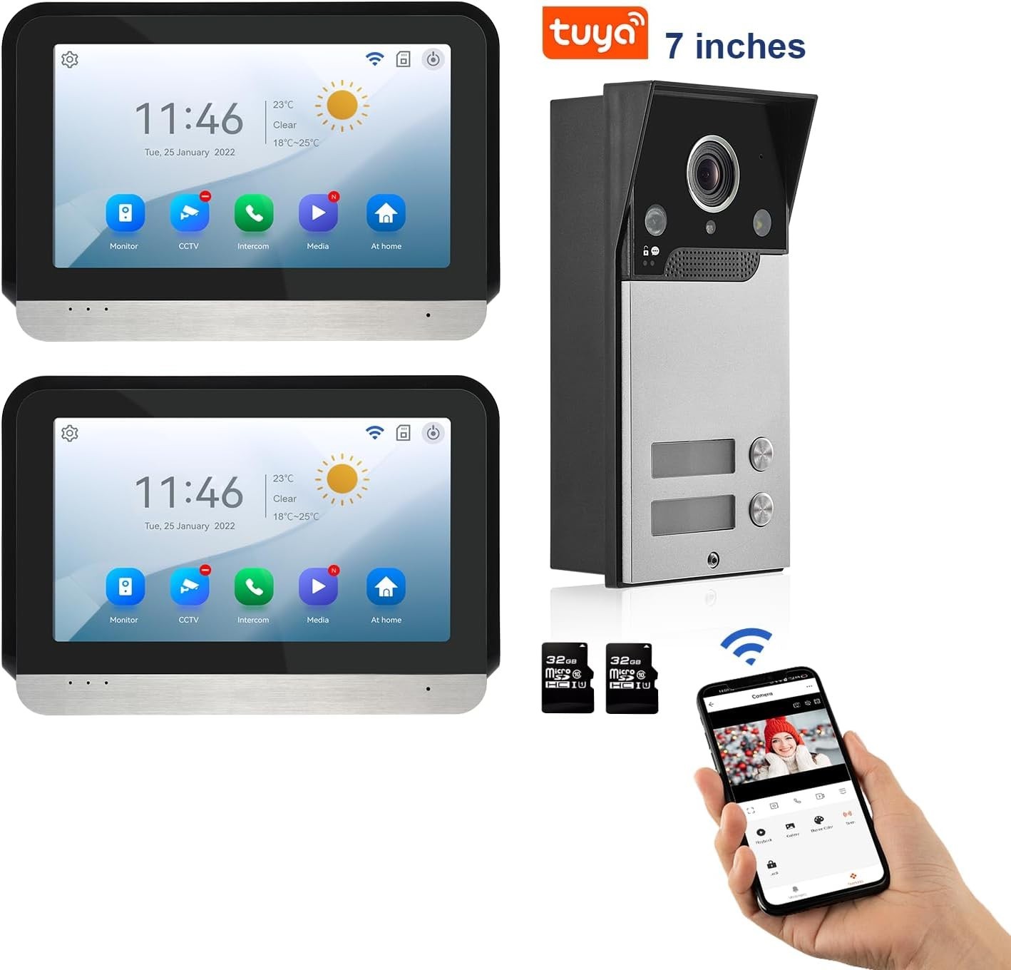 WiFi Wired Video Doorbell System 7" Monitor 1080P HD 2 Monitors New