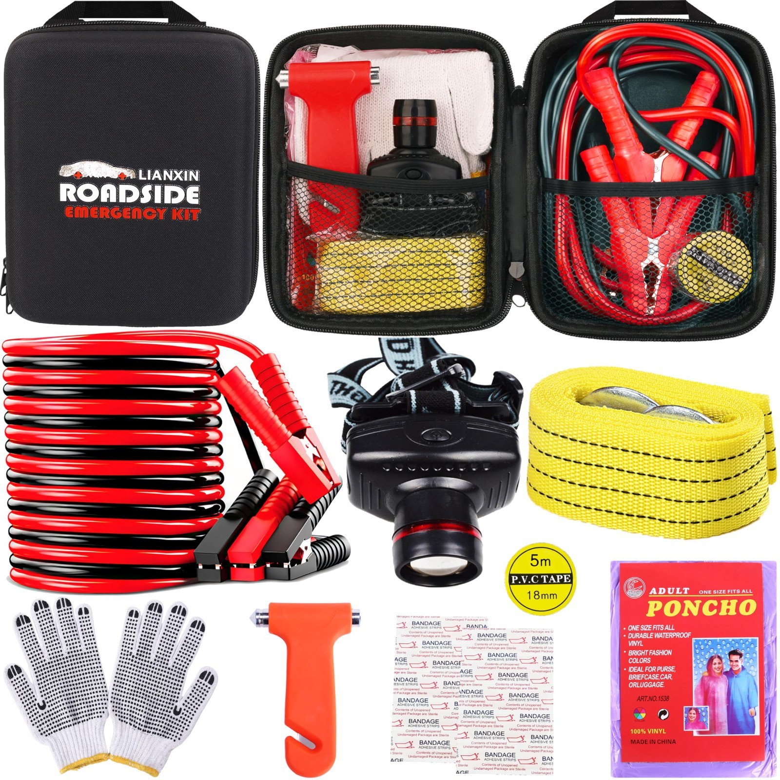 Emergency Roadside Kit with Jumper Cables, Car Safety Essentials & Tools