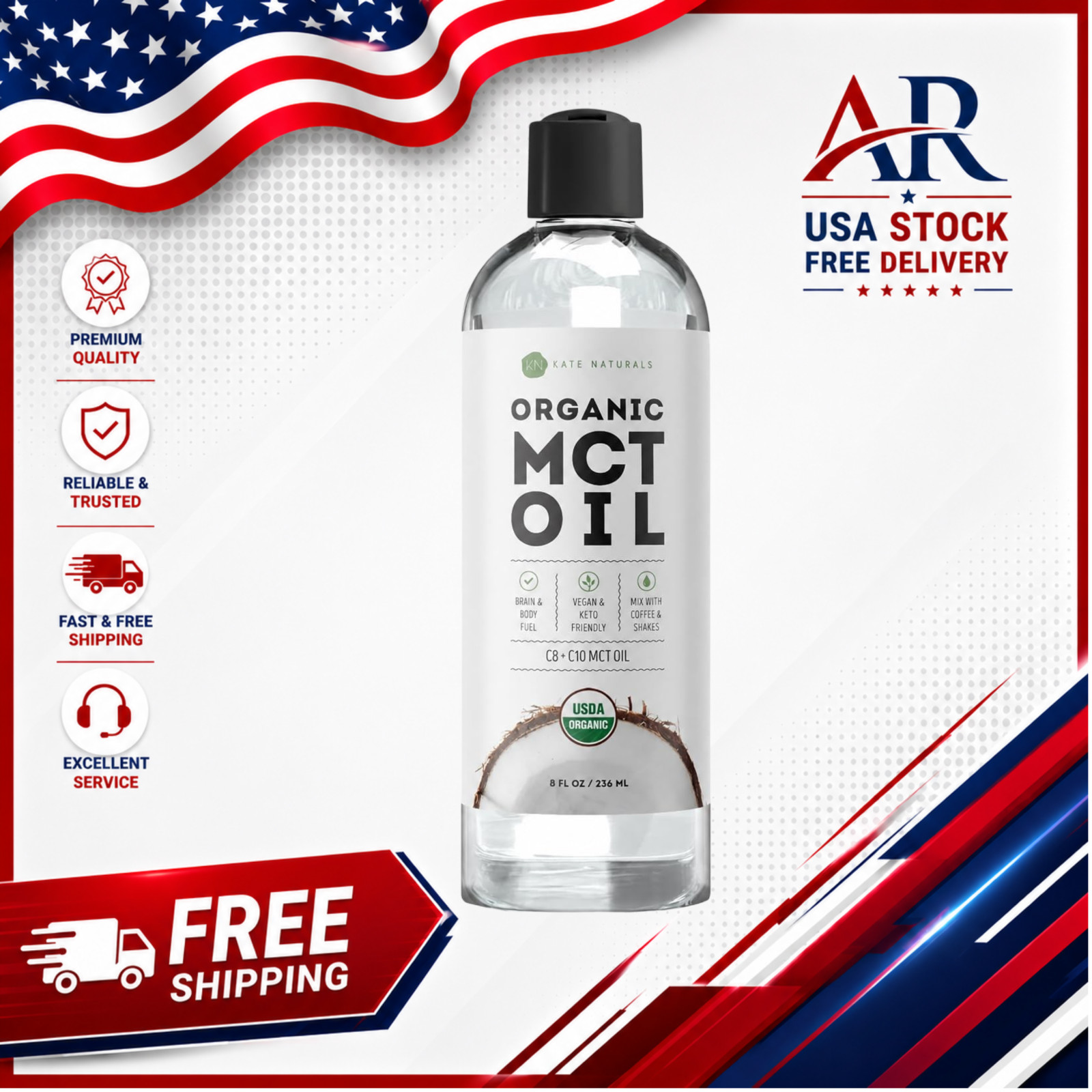 MCT Oil for Coffee. Pure Coconut MCT C8 and C10 Oil (8Oz, Organic, Unflavored)