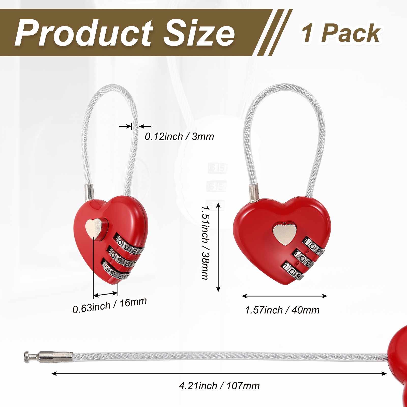 1-Pack Combination Padlock, 3 Digit Heart Shaped Cable Luggage Lock [Red]