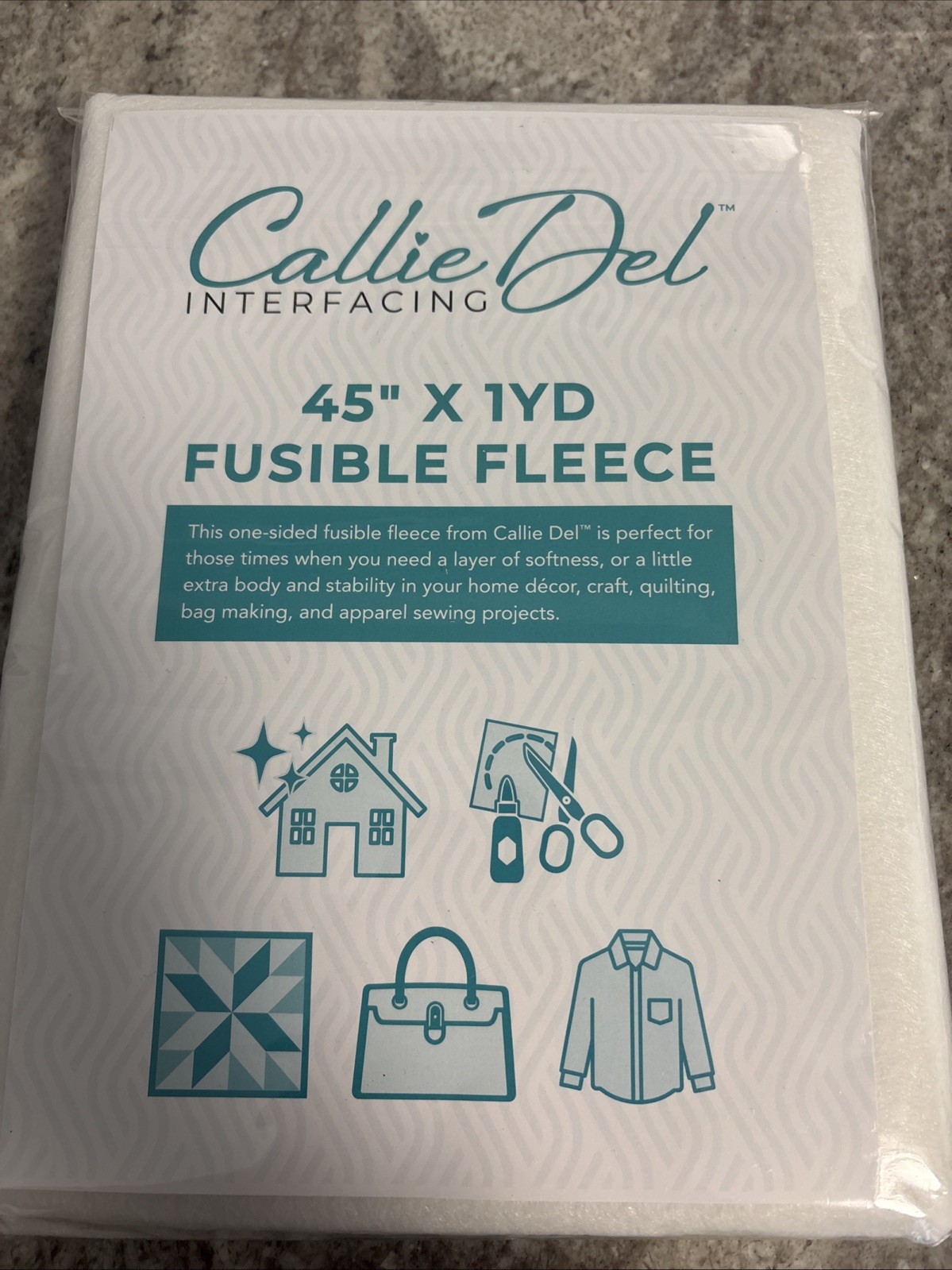 Callie Del Fusible Fleece High Loft Iron-On Interfacing, 45” x 1 Yard-Soft! New!