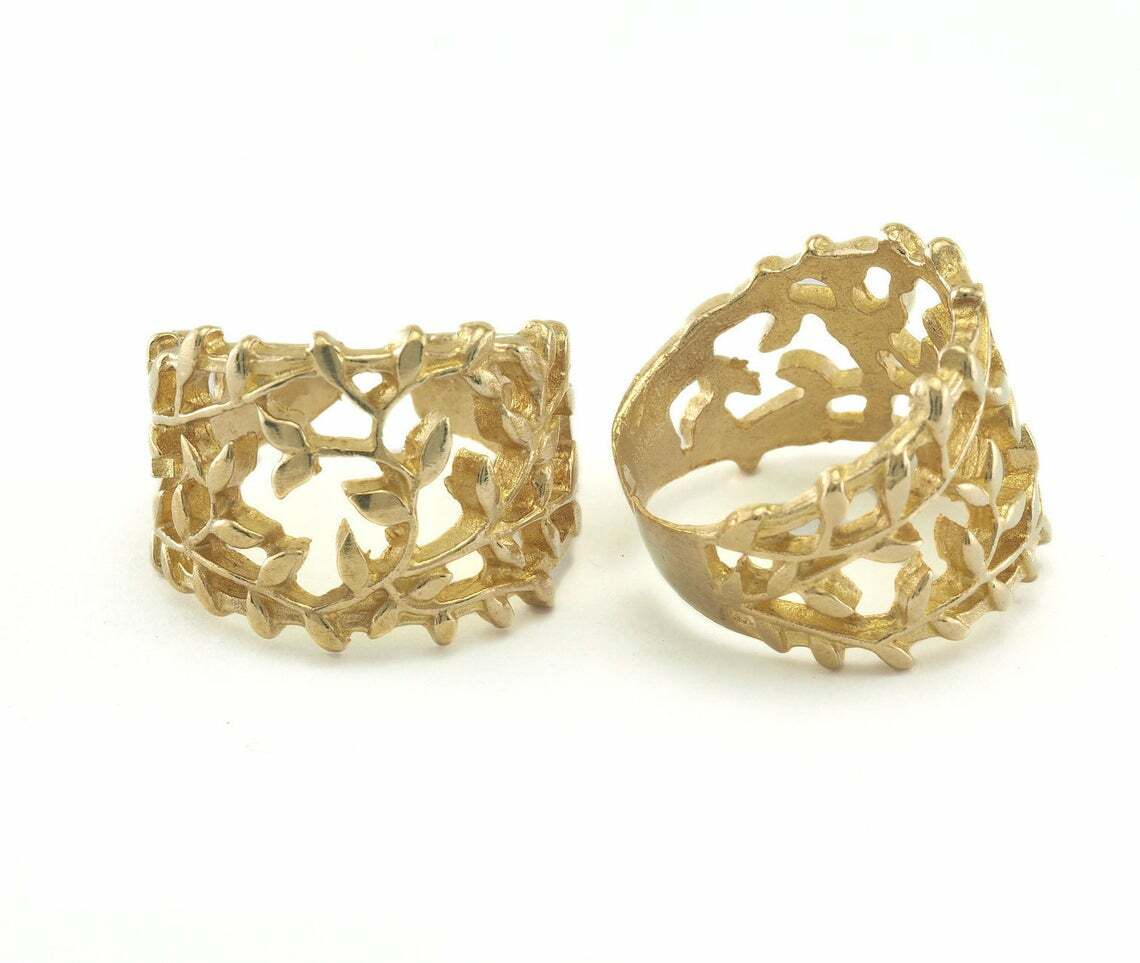 Flower Adjustable Ring Raw Brass Floral Leaves Flowers Natural Organic Jewelry