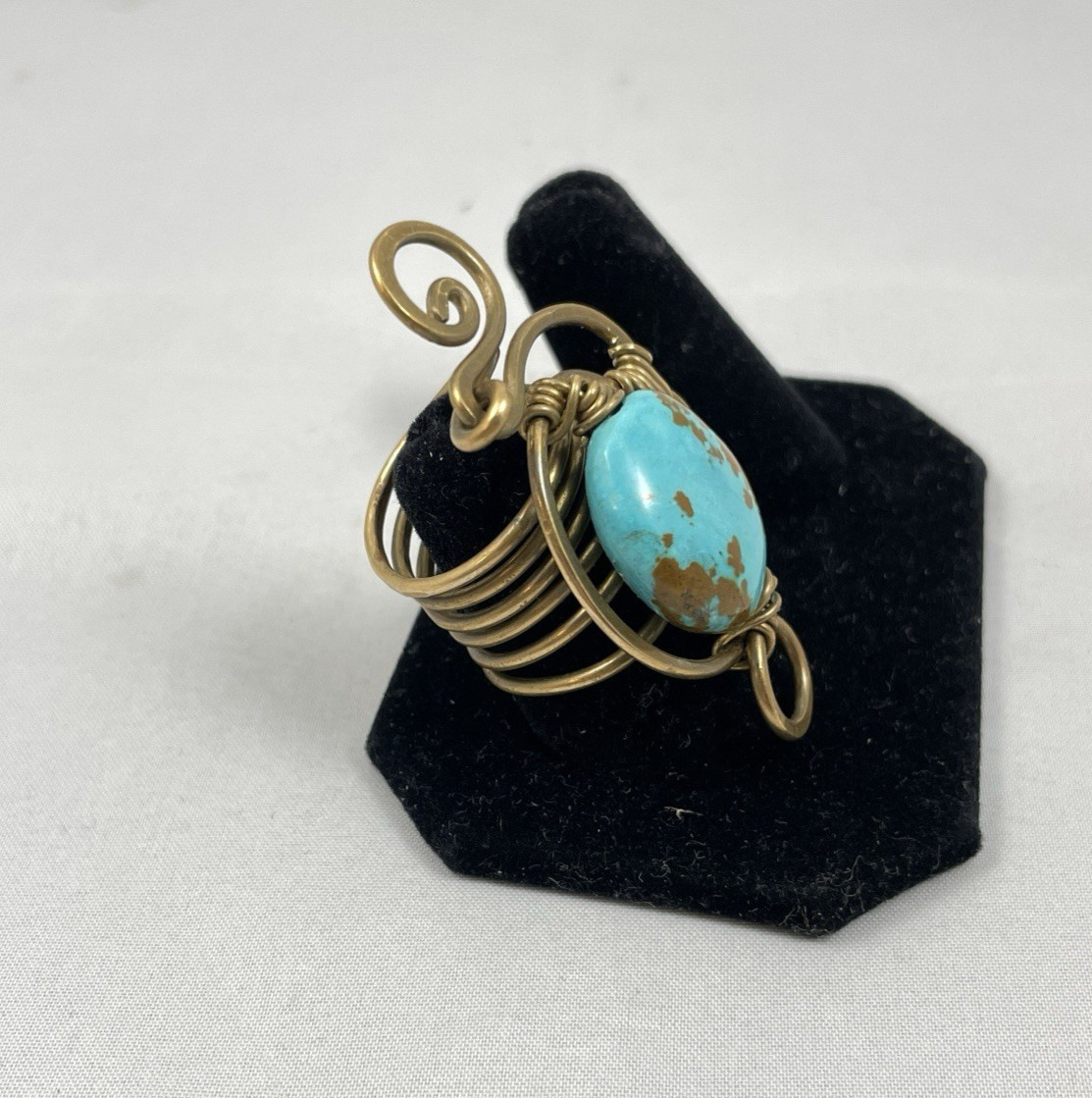 Artisan Cooper Wire Wrap Turquoise Statement Ring - Size 6