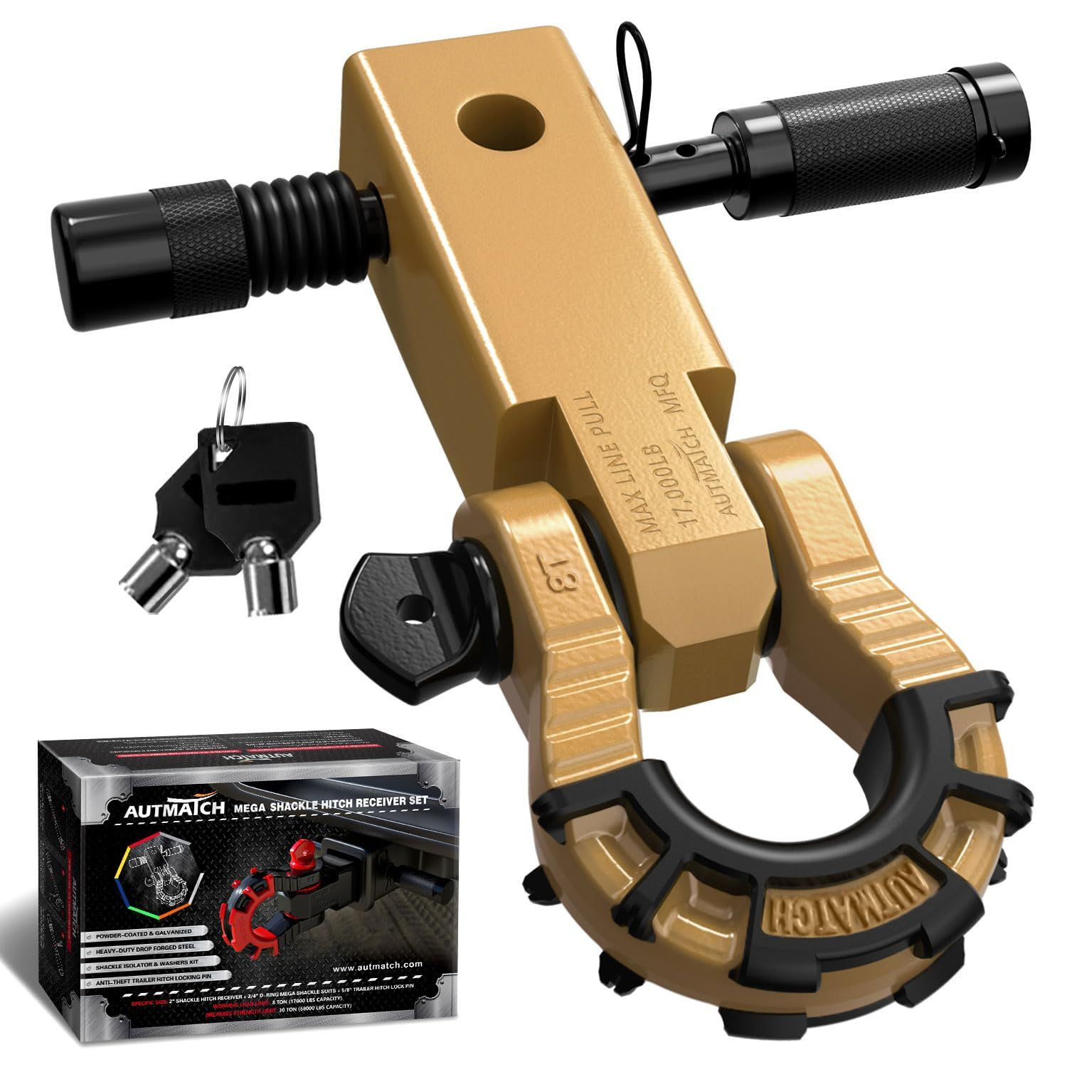 AUTMATCH Shackle Hitch Mega Receiver & Lock Pin, Gold