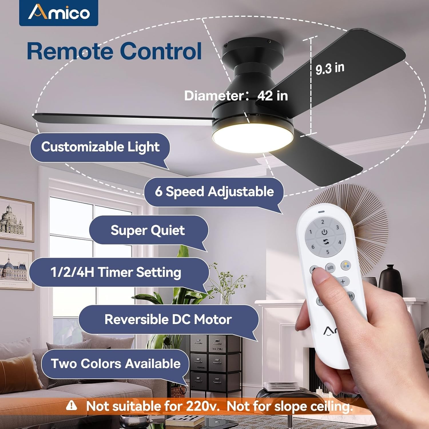 Quiet 42-Inch Reversible Ceiling Fan with LED Light & Remote - Dimmable Design