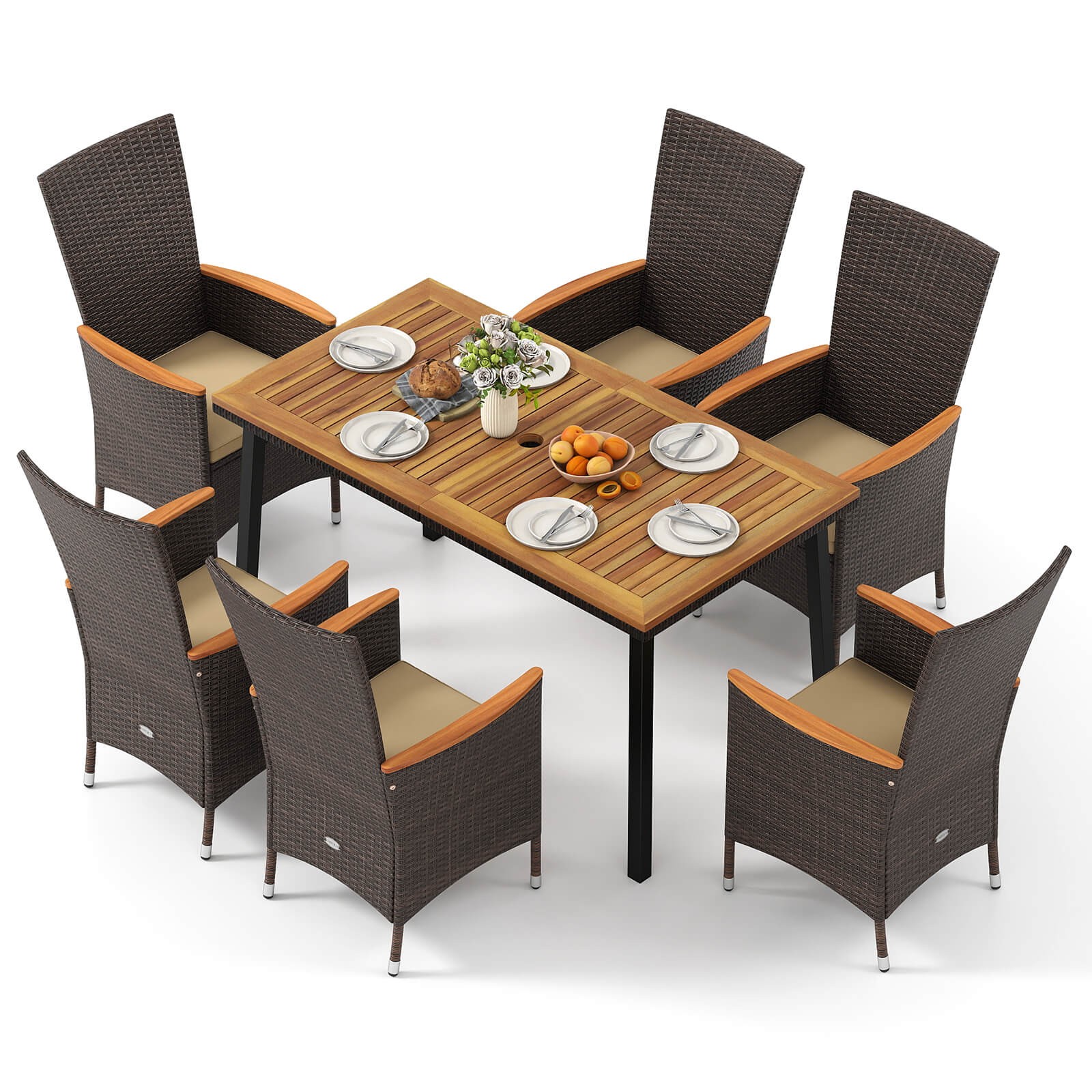 7PCS Outdoor Patio Wicker Armchairs Acacia Wood Table w/Umbrella Hole,  Cushions