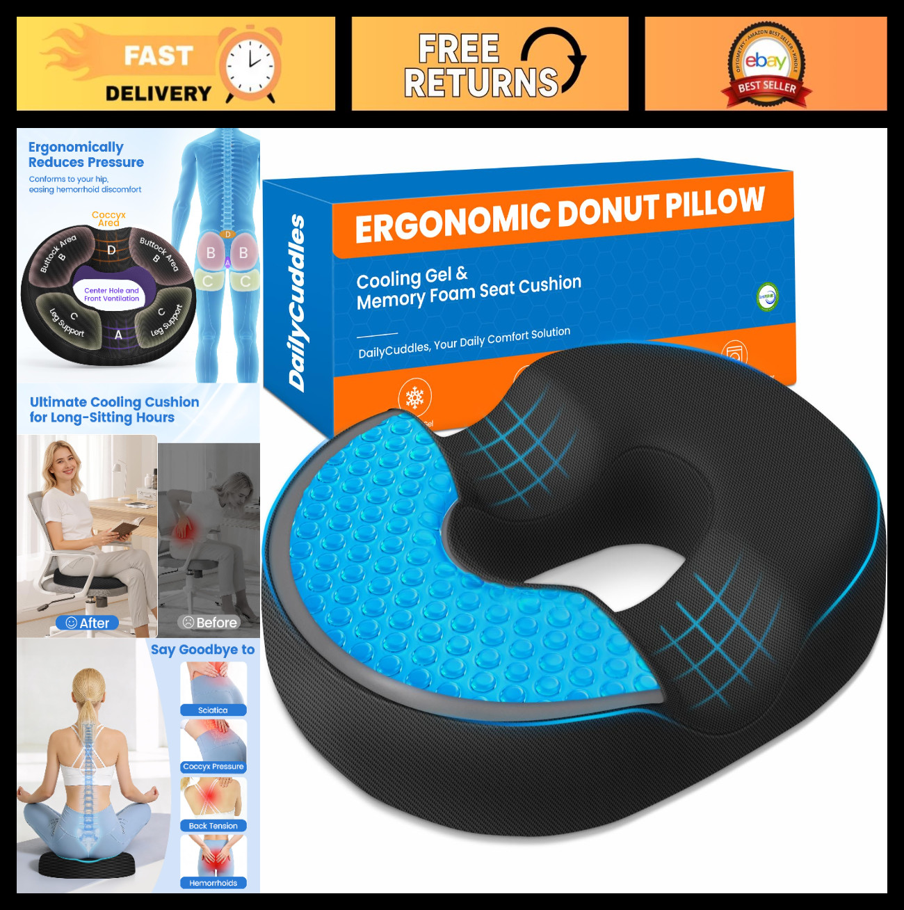 Cooling Gel Memory Foam Donut Pillow for Tailbone Pain, Hemorrhoids, Sciatica -
