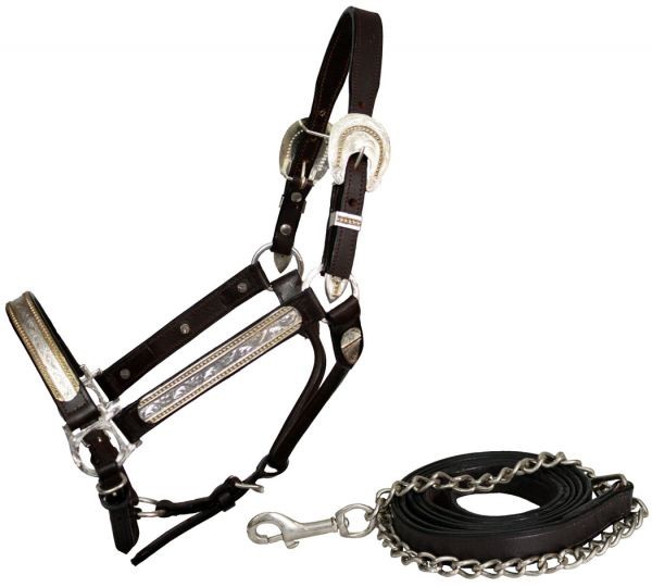 SHOWAMAN Leather and Silver Western Horse Show Halter with Lead and Stud Chain