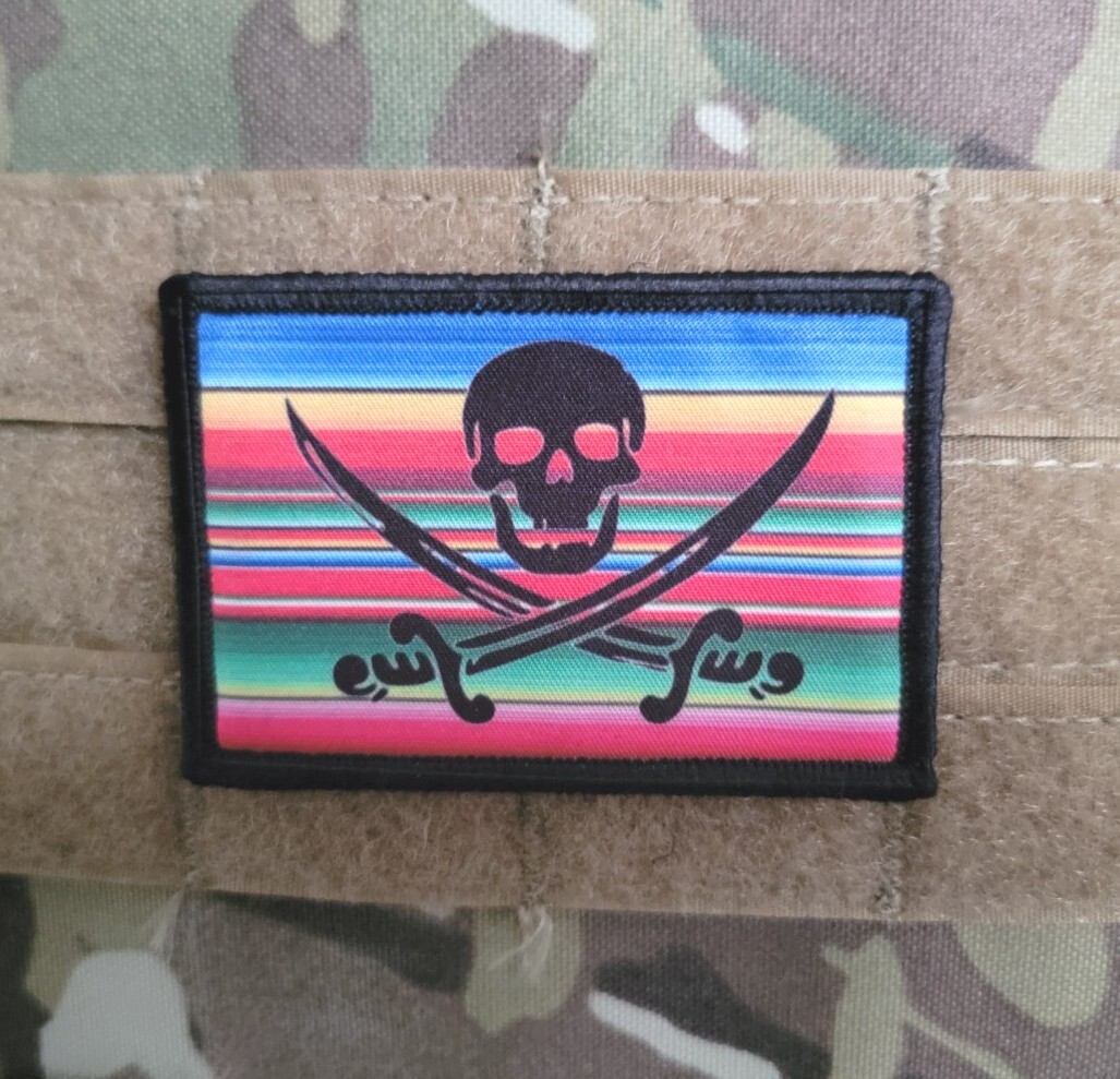 Calico Jack Mexican Baja Style Skull Crossbones Hook Loop 2x3" Morale Patch