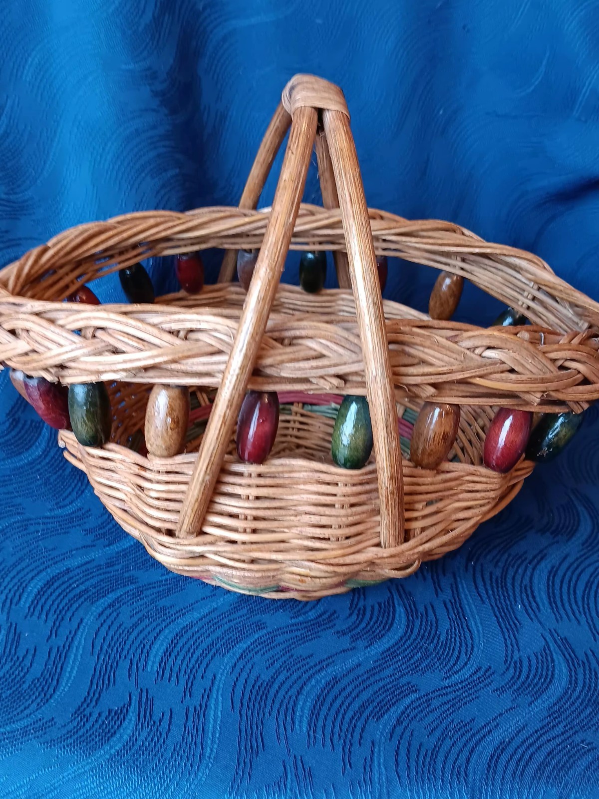 Vintage Woven Basket With Wooden Beads