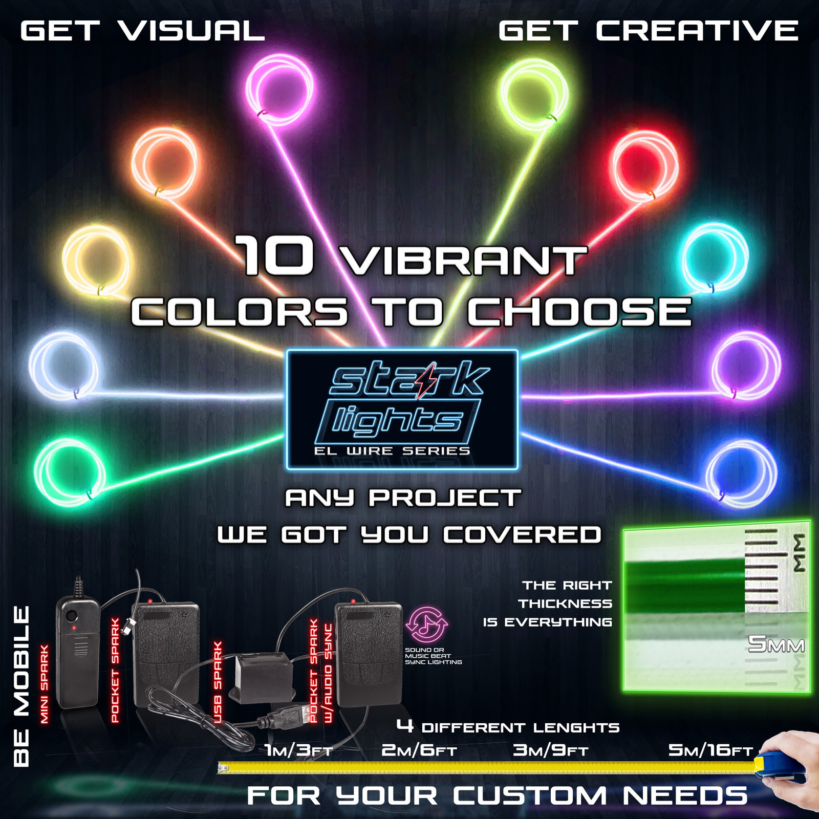 Neon LED Light Glow EL Wire + Control String Strip Rope Tube Decor - 5.0mm Thick
