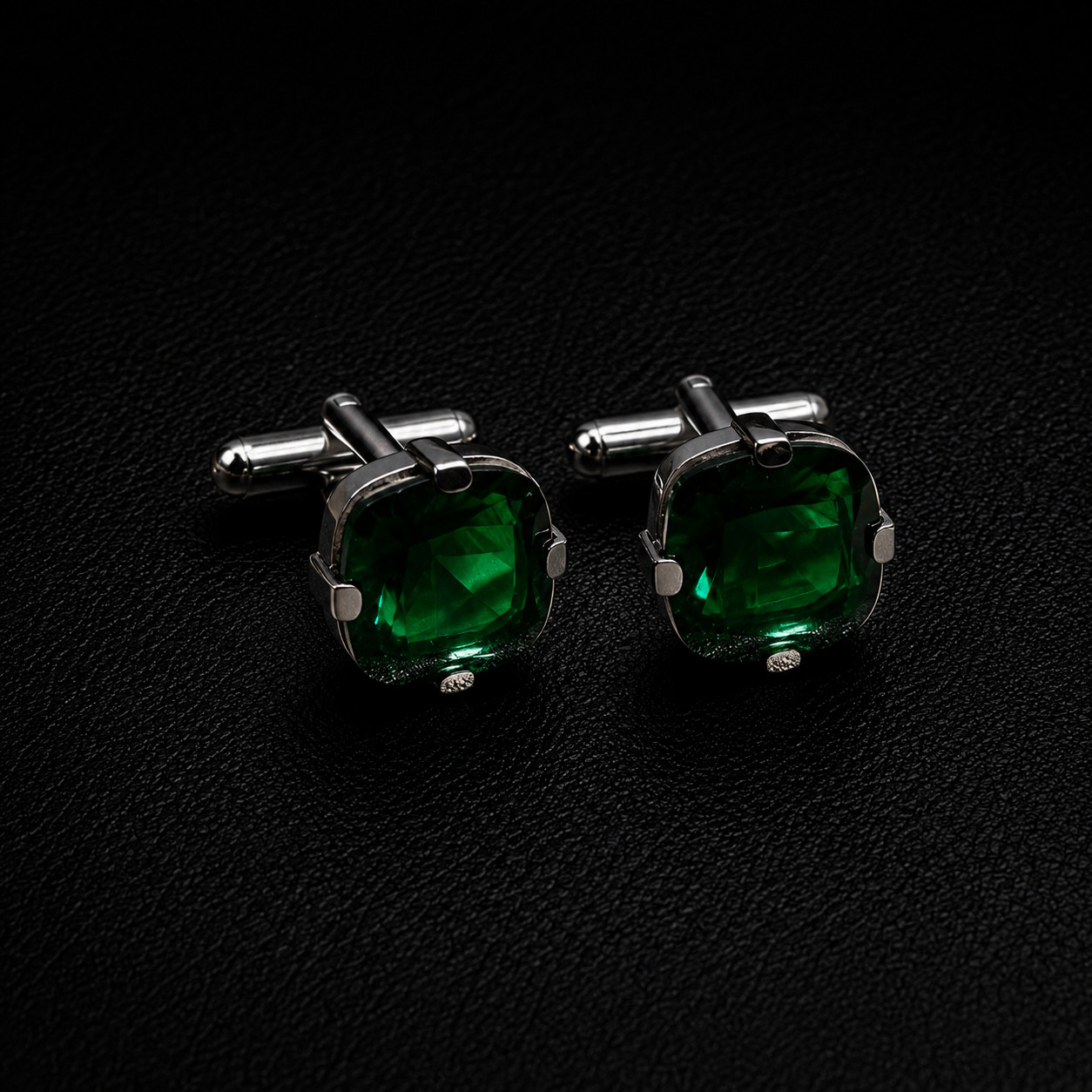 Emerald Green Crystal Cufflinks for Men Silver Tone Cushion Cut Wedding Shirt