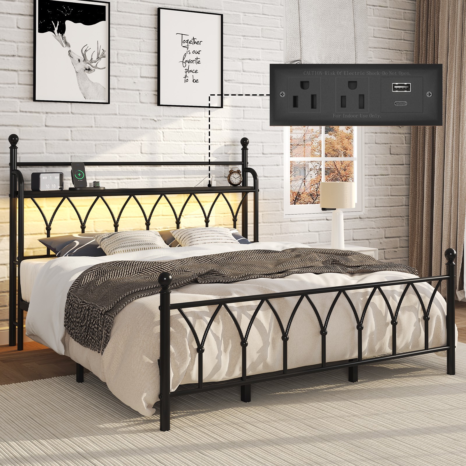 King Metal Bed Frame with Charging Station, Headboard storage space,LED Lights.