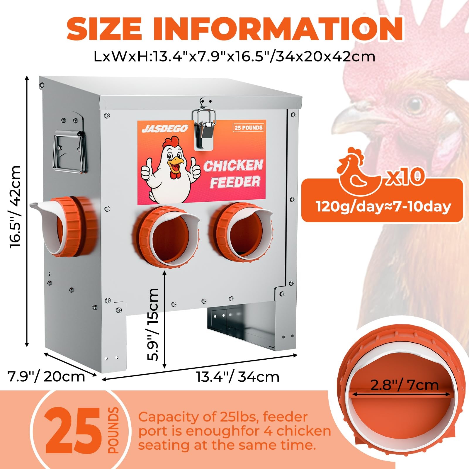 JASDEGO 4 Ports Metal Chicken Feeder No Waste 25 Pounds Automatic Poultry Fee...
