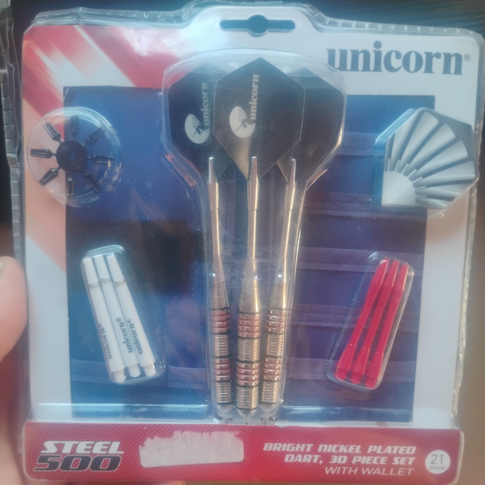 UNICORN 21 GRAM STEEL 500 Nickel Plated Darts With Wallet, 30 Piece Set - K1