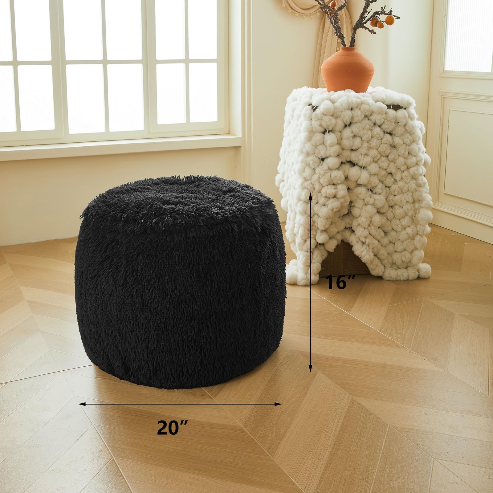 Fluffy Faux Fur Inflatable Pouf Ottoman, Comfy Portable Shaggy Fuzzy Foot Sto...