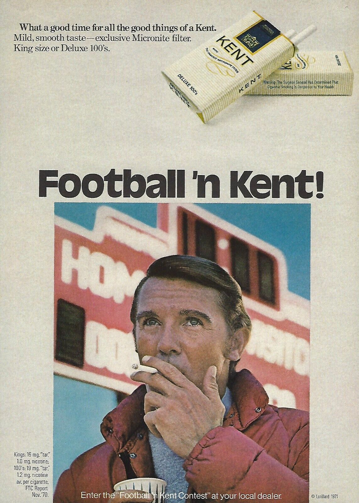 1971 Kent Cigarettes Tobacco Football 'n Kent! Man Smoking vintage Print AD