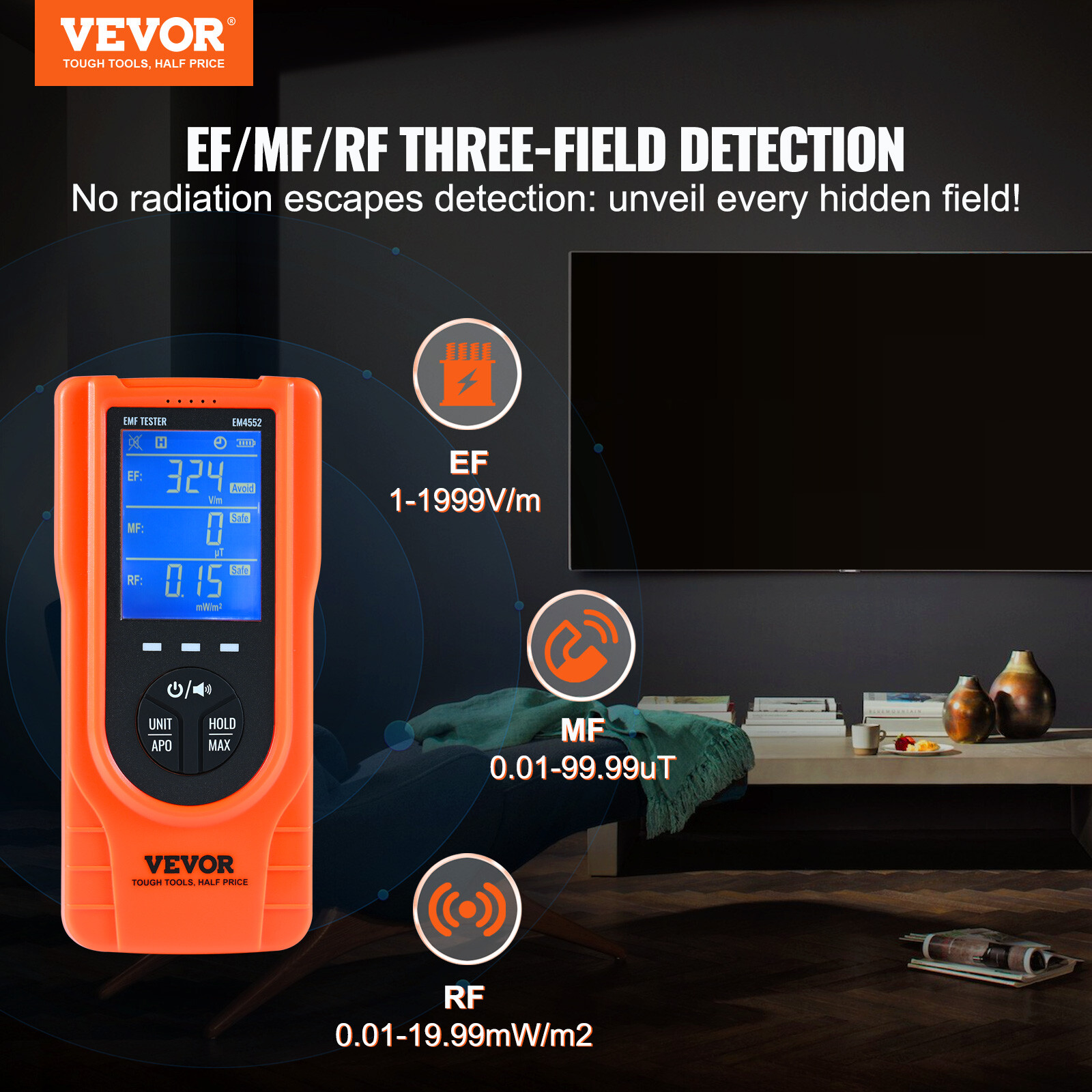 VEVOR Digital LCD 3-in-1 EMF Meter Electromagnetic Radiation Detector EF MF RF