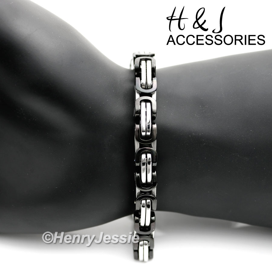 7"-11"MEN Stainless Steel 9mm Silver/Black Plated Byzantine Box Chain Bracelet