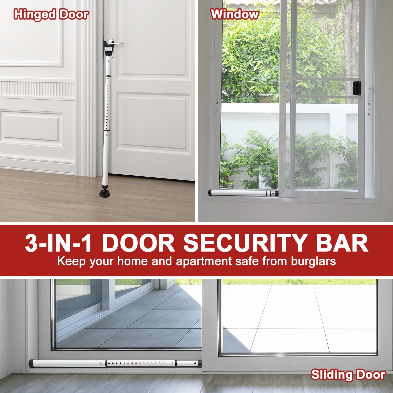 Door Security Bar, 3-in-1 Double Spring Lock, Heavy Duty, Adjustable 36"-47.5"