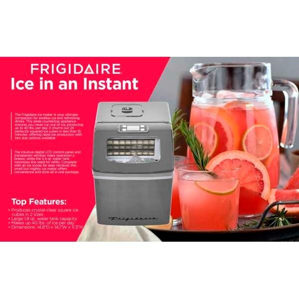 Frigidaire, 40 Lbs. Countertop Ice Maker, Square Clear Shaped Ice, Stainless
