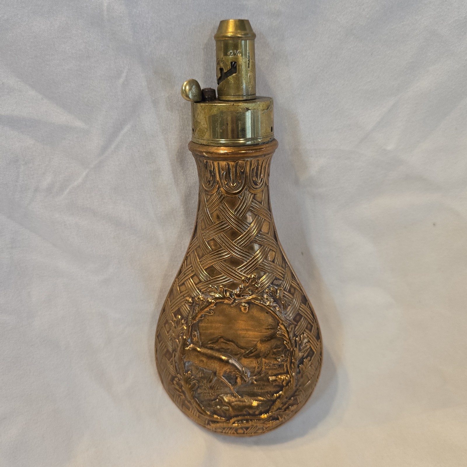 G & J.W. Hawksley Antique Copper & Brass Gunpowder Flask Basketweave Stag/deer