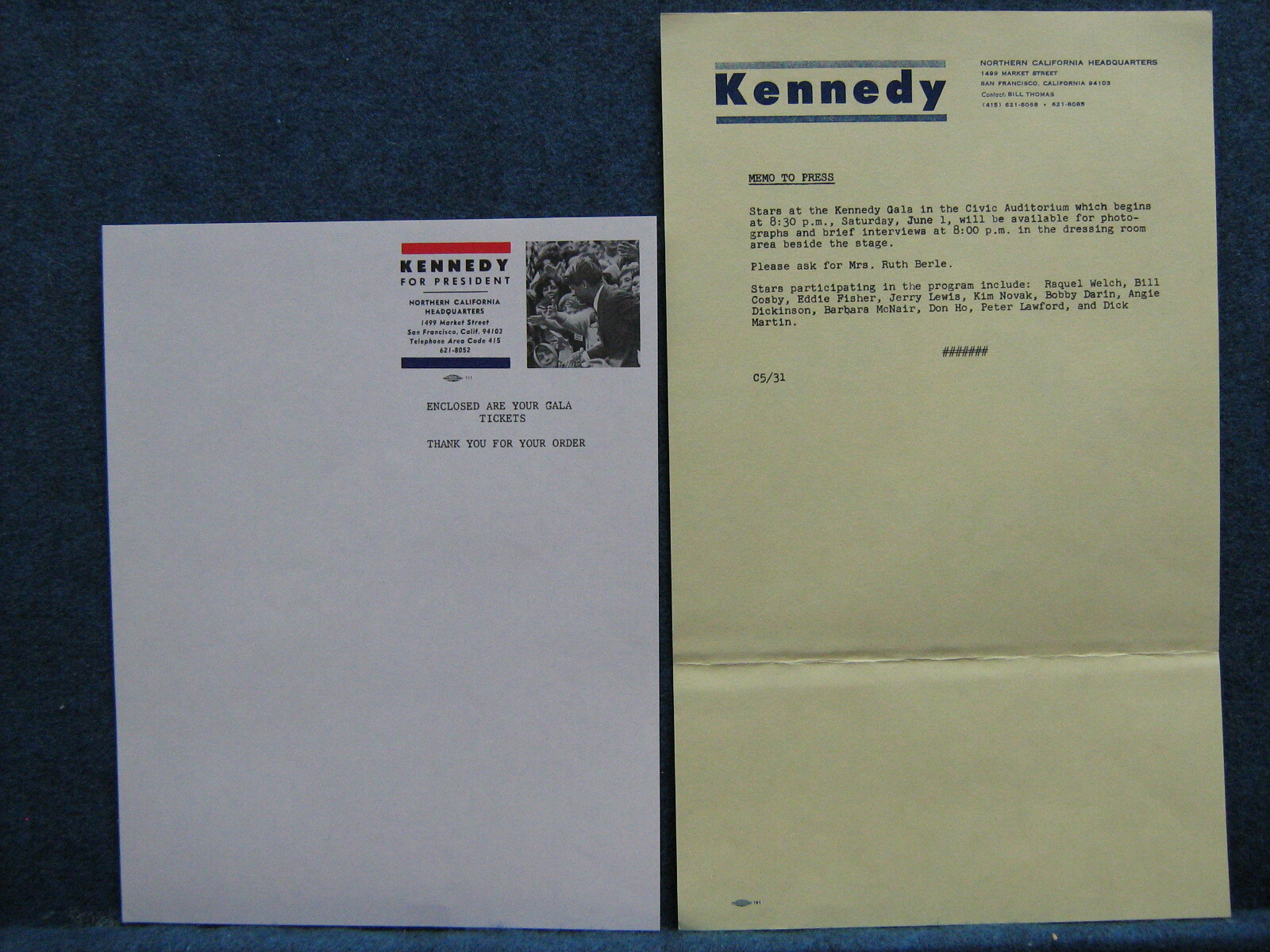 1968 RFK GALA LETTERHEAD  & Press Memo  - Names of Movie Stars Who Attended