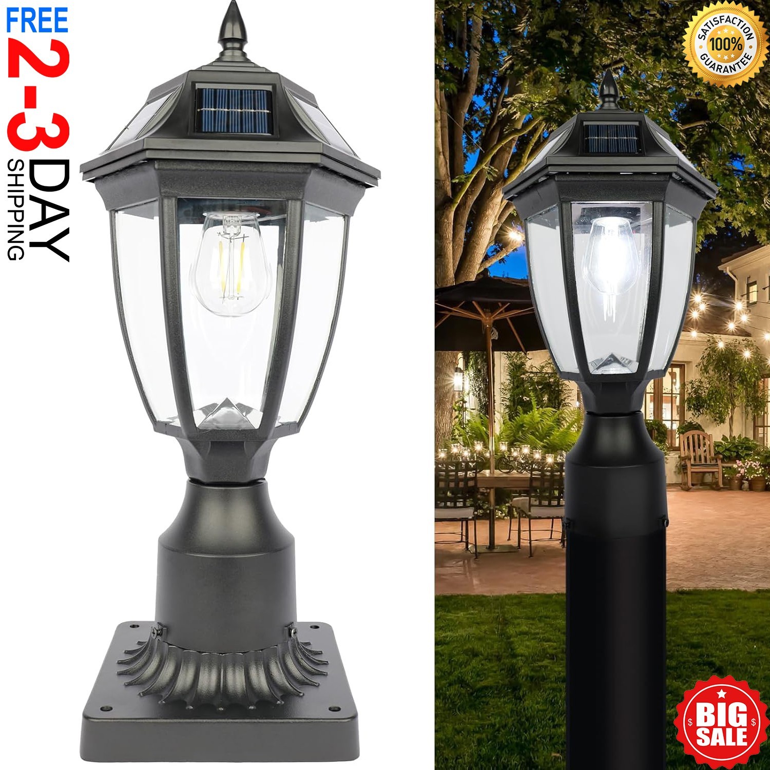 Solar Post Lights, 6000K Dusk to Dawn Solar Lamp Post Light with Pier Mount Base
