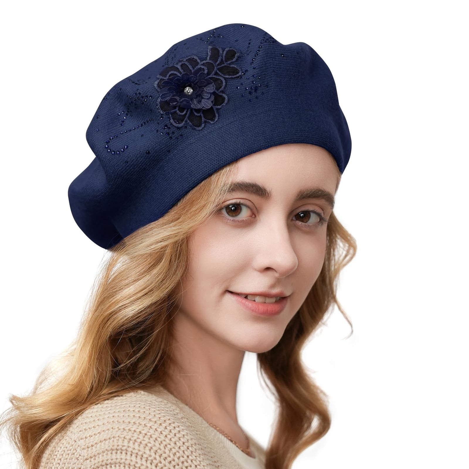 Flower Embroidery Beret Hat for Women, French Style Knitted Beret Hats, Styli...