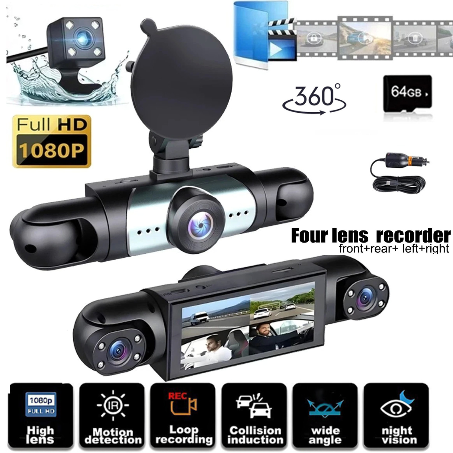360° 4 Channel 1080P HD Car Dash Cam Front and Rear Inside Left Right + Camera