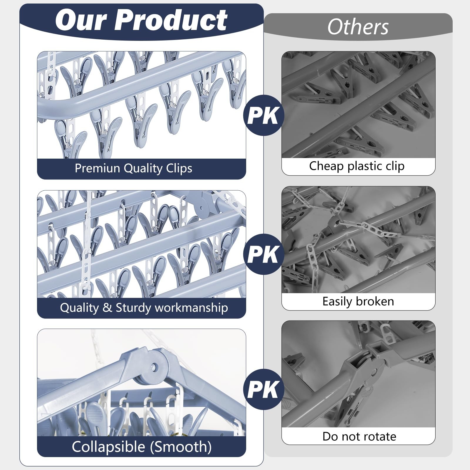 Clothes Drying Rack with 32 Clothespins, Bule Foldable Hanging Drying Racks, ...