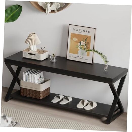 Black Bench, Modern Entryway Bench for Bedroom, Wood Metal 47 inch Black Oak