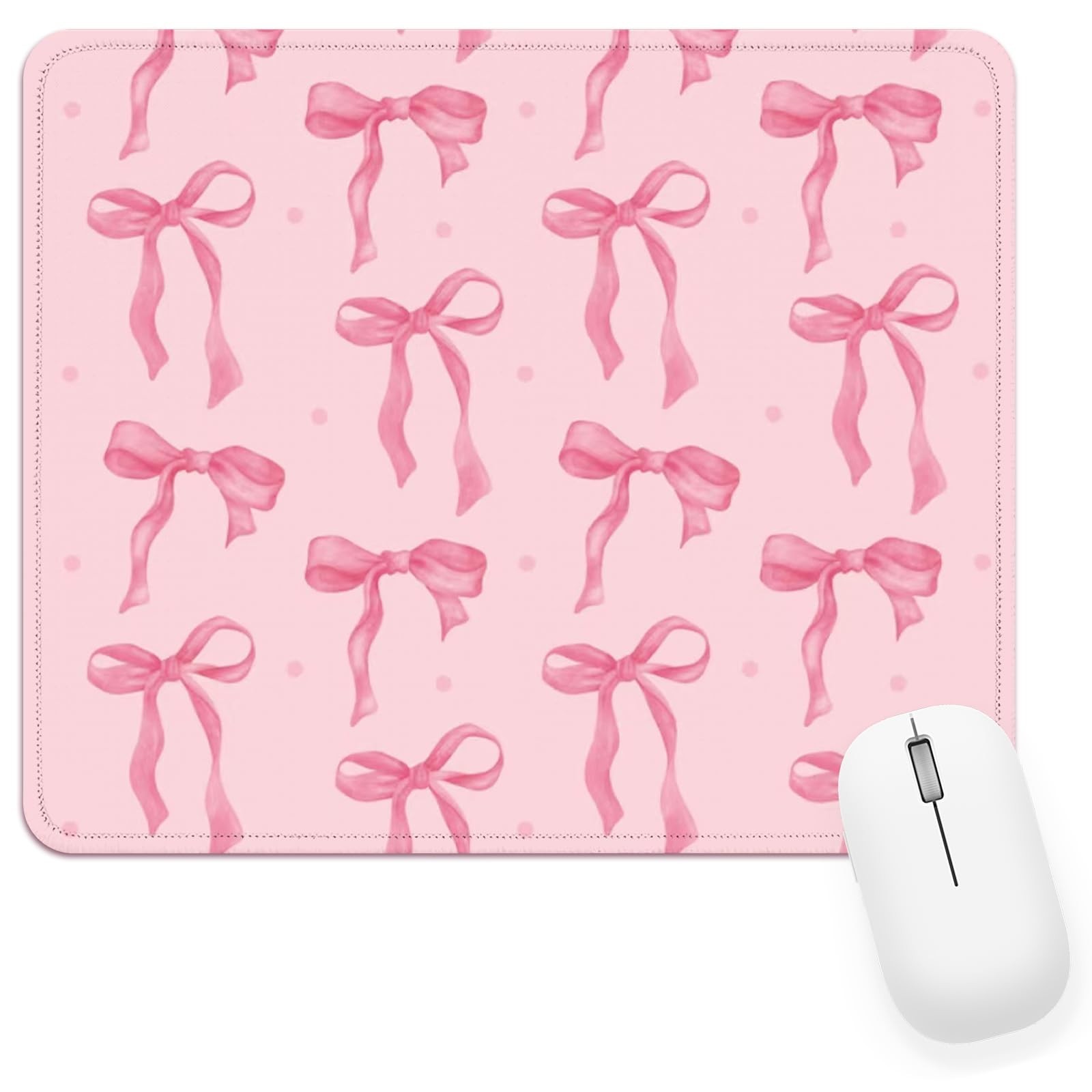 Pink Bow Mouse Pad with Stitched Edge, Small Square Mouse Pad for Computer La...