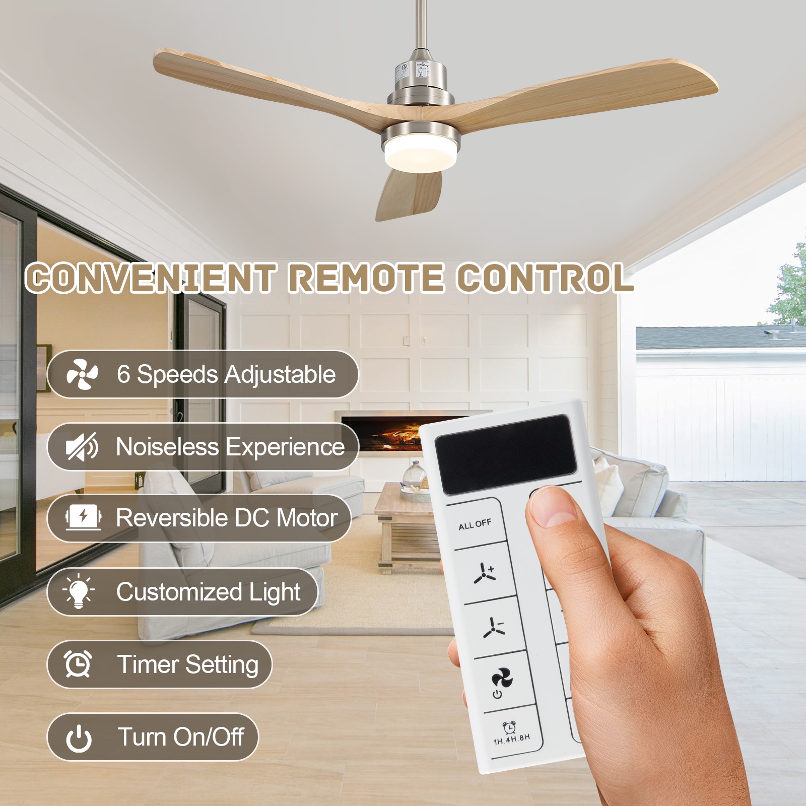 52'' Smart Wood Ceiling Fan w/ Stepless Dimmable LED Work with APP Google/Alexa