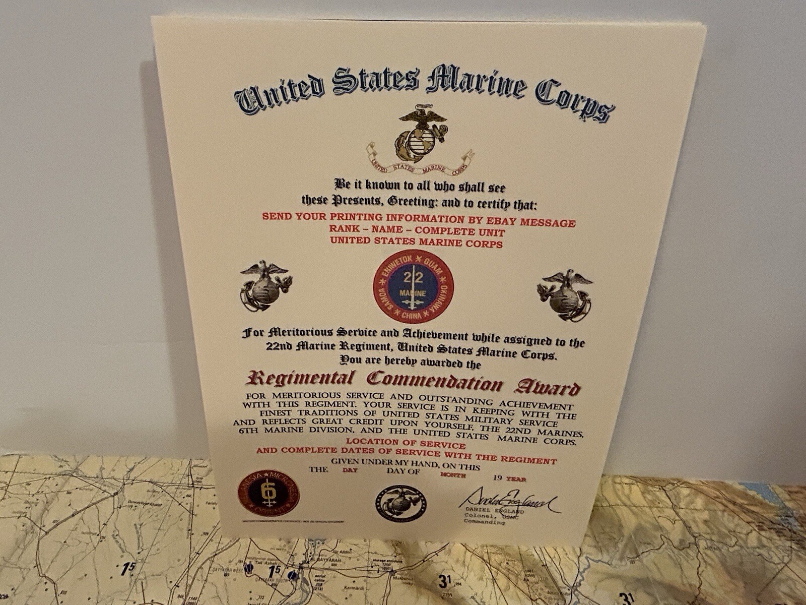 U.S.M.C. / 22ND MARINE REGIMENT - REGIMENTAL COMMENDATION AWARD CERTIFICATE