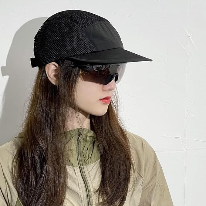 Mesh Flat Brim Ball Cap Trucker 5-Panel Hat Quick Dry One Size Asbh02-black
