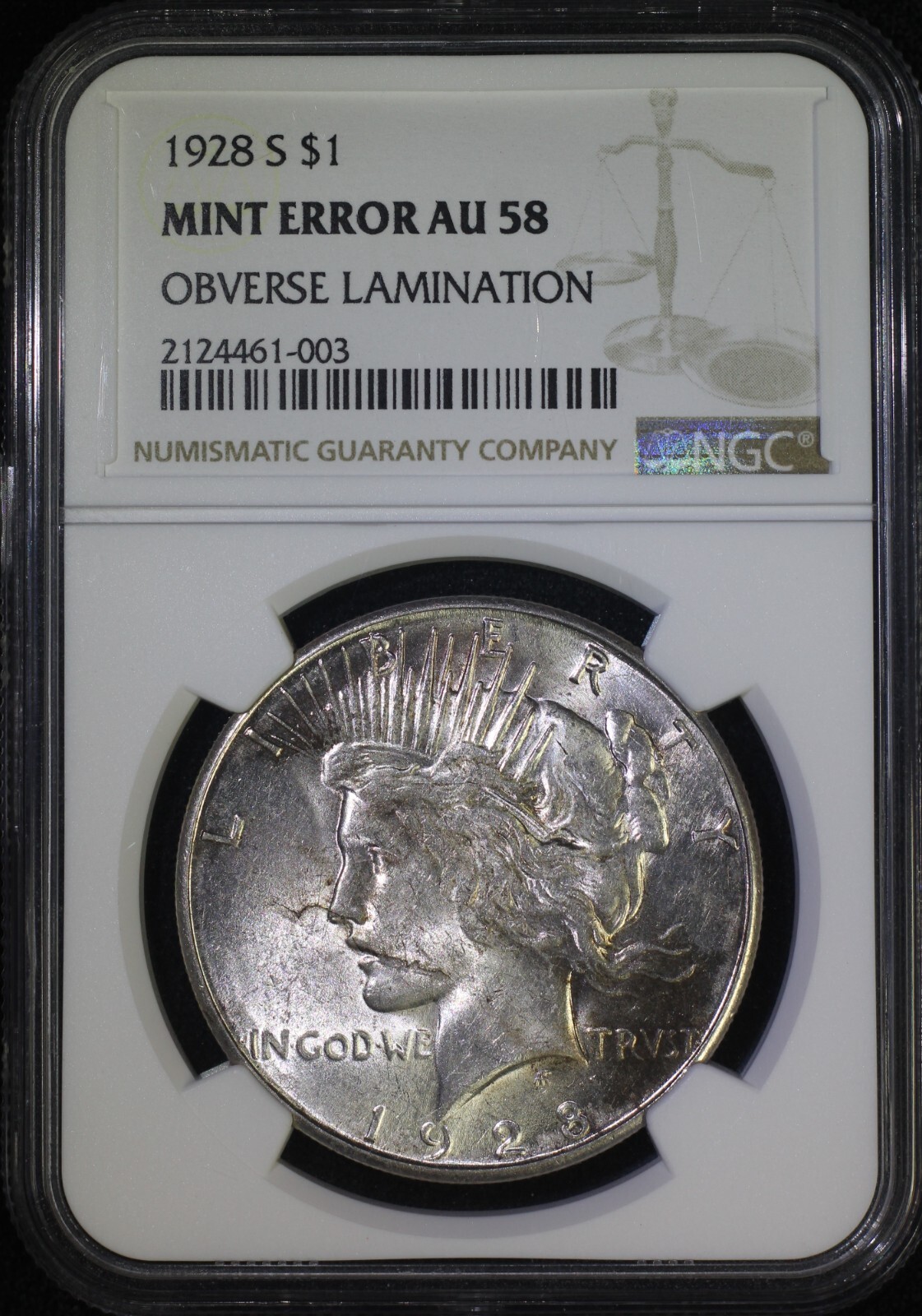 1928 S Peace Silver Dollar NGC AU58 Mint Error Obv Lamination - "Scarface"