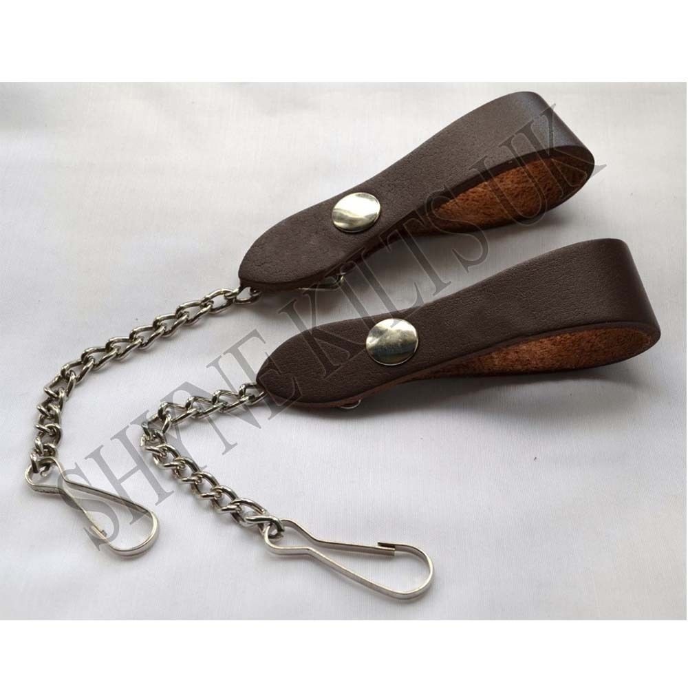 SPORRAN SUSPENDERS BROWN LEATHER SHORT CHAINED & CLIPS PAIR SLIP ONTO KILT BELT