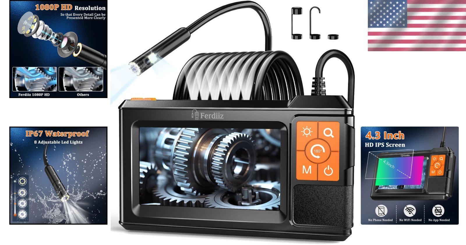 1920P HD Endoscope with 16.4ft Cable & LED Lights - Waterproof Inspection Tool