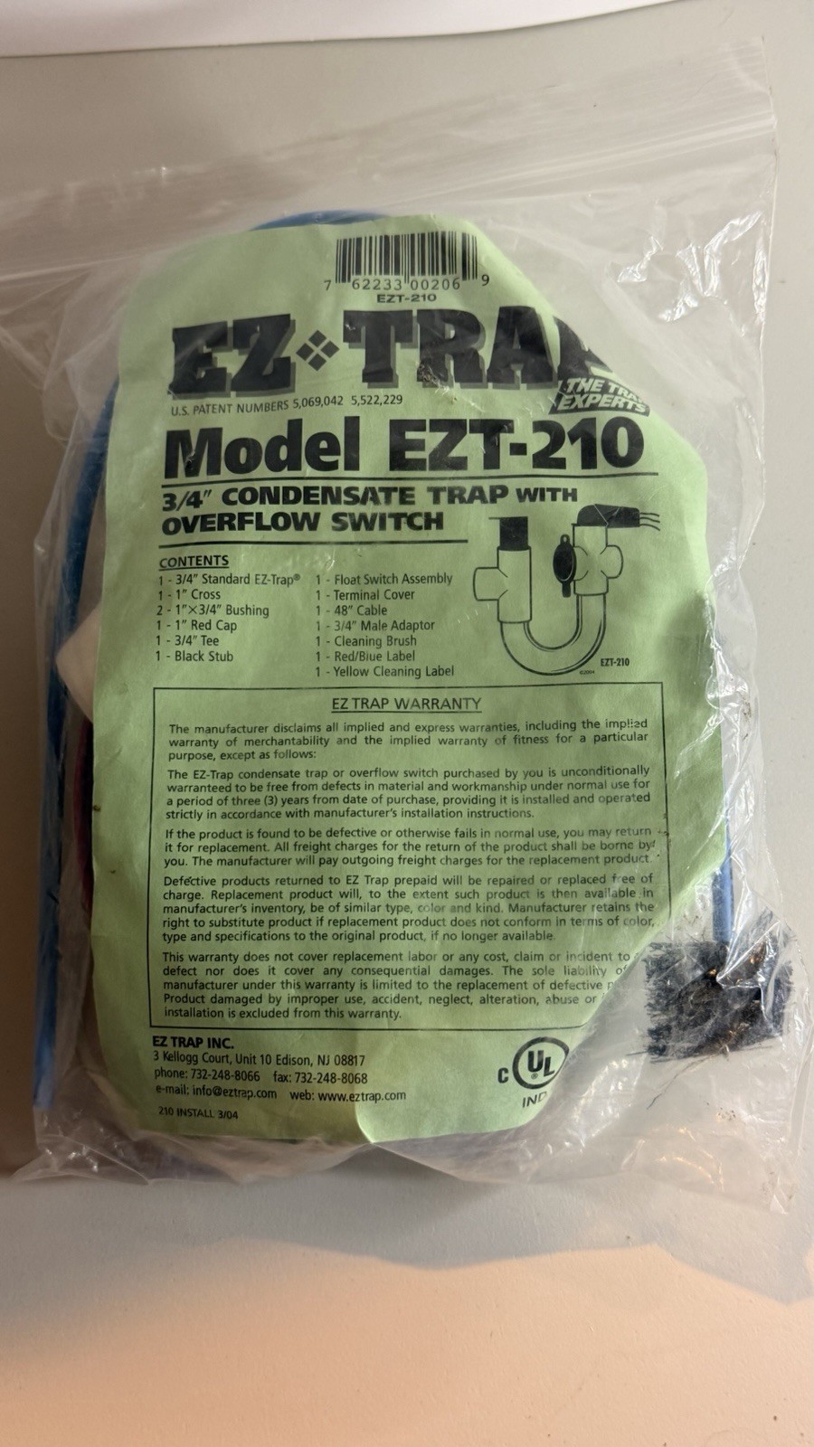 EZ-TRAP Model EZT-210 3/4 in Condensate Trap with Overflow Switch, EZT-210