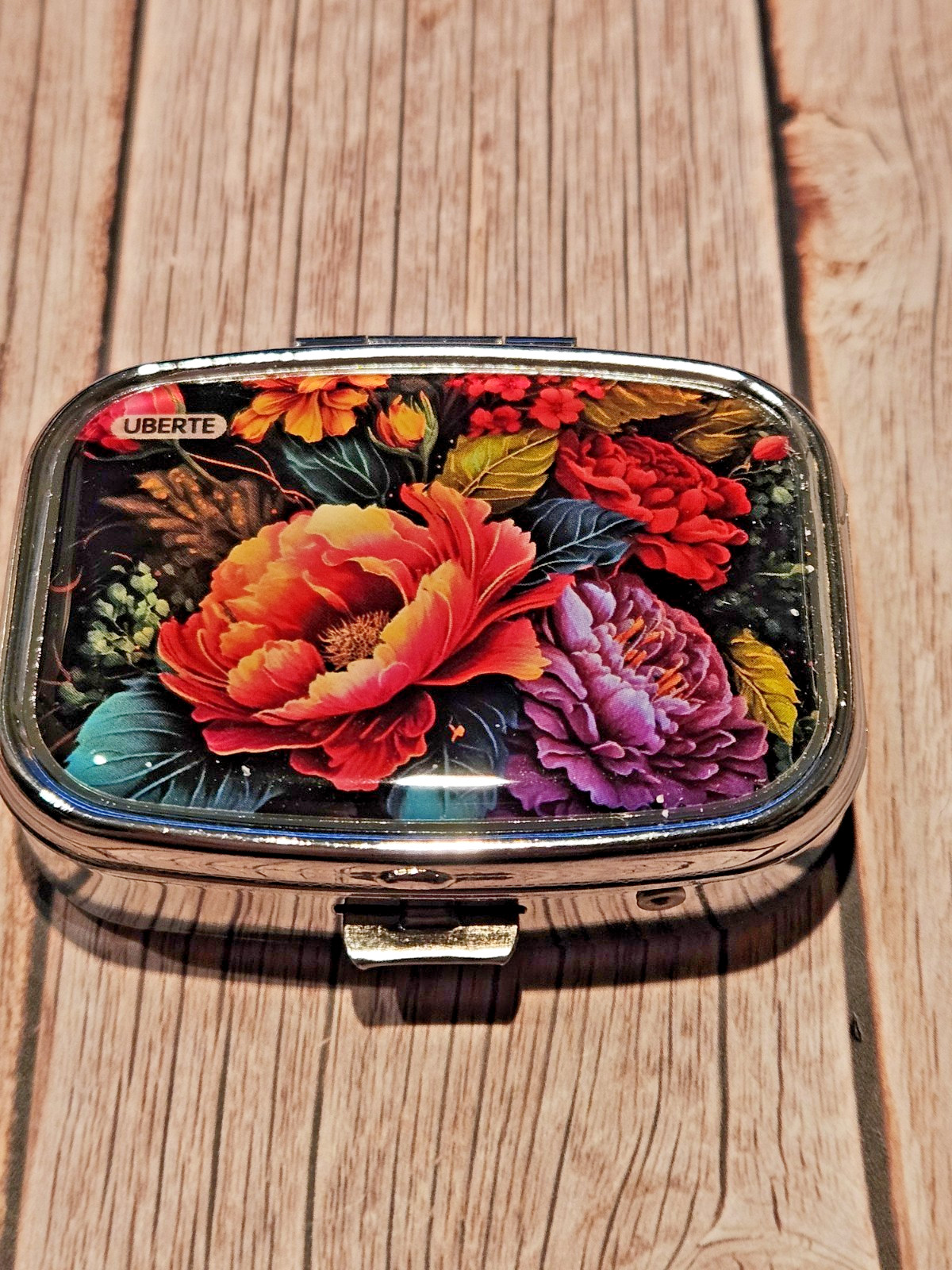 Floral Pill Box 2 Compartment Silver Tone Rectangular New
