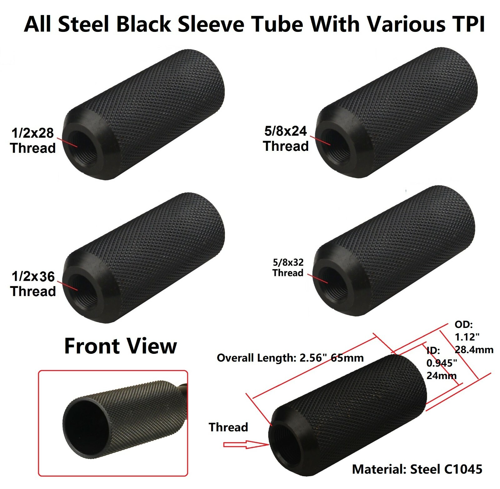 New All Steel Muzzle Brake Tube 1/2x28 1/2x36 5/8x24 5/8x32 TPI Threaded, Black