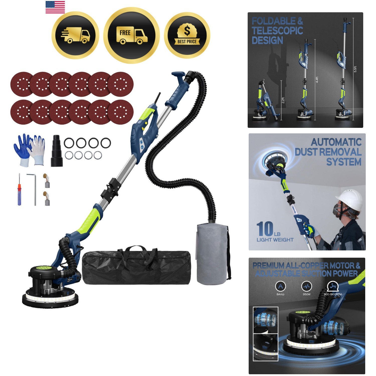Drywall Sander, 2025 Upgraded 8-Amp Popcorn Ceiling Removal Tool with 7 Varia...