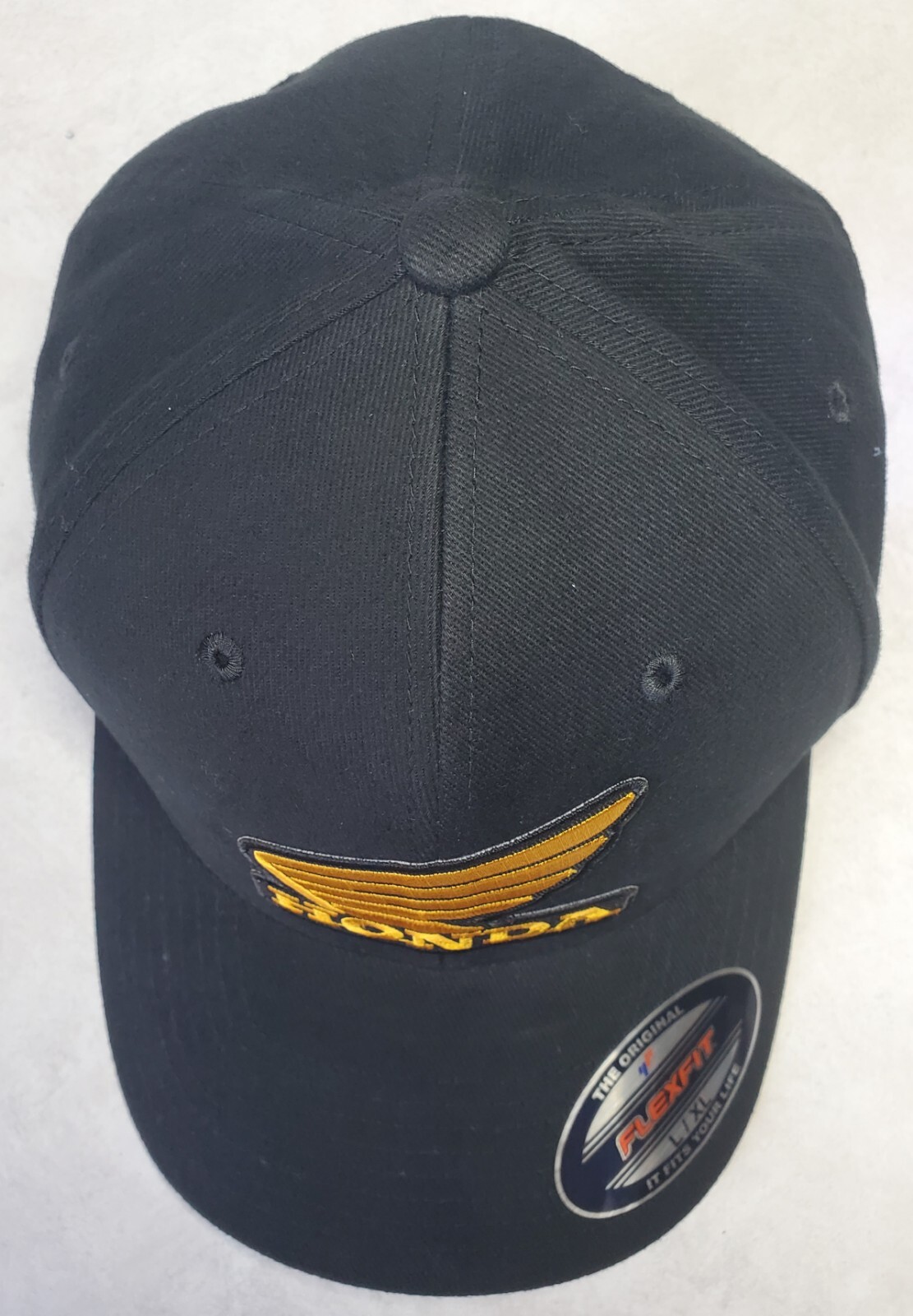 Honda Wing Logo Patch on Flexfit 6377 Brushed Twill/ Black L/XL 7 1/8" - 7 5/8"