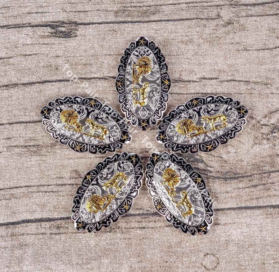5PCS 50*30mm Western Gold Silver Plated Horse Cross Belt Leathercraft CONCHOS